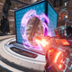 a first person view of a person shooting a gun into a portal in splitgate